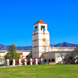 a tall building with grass in front